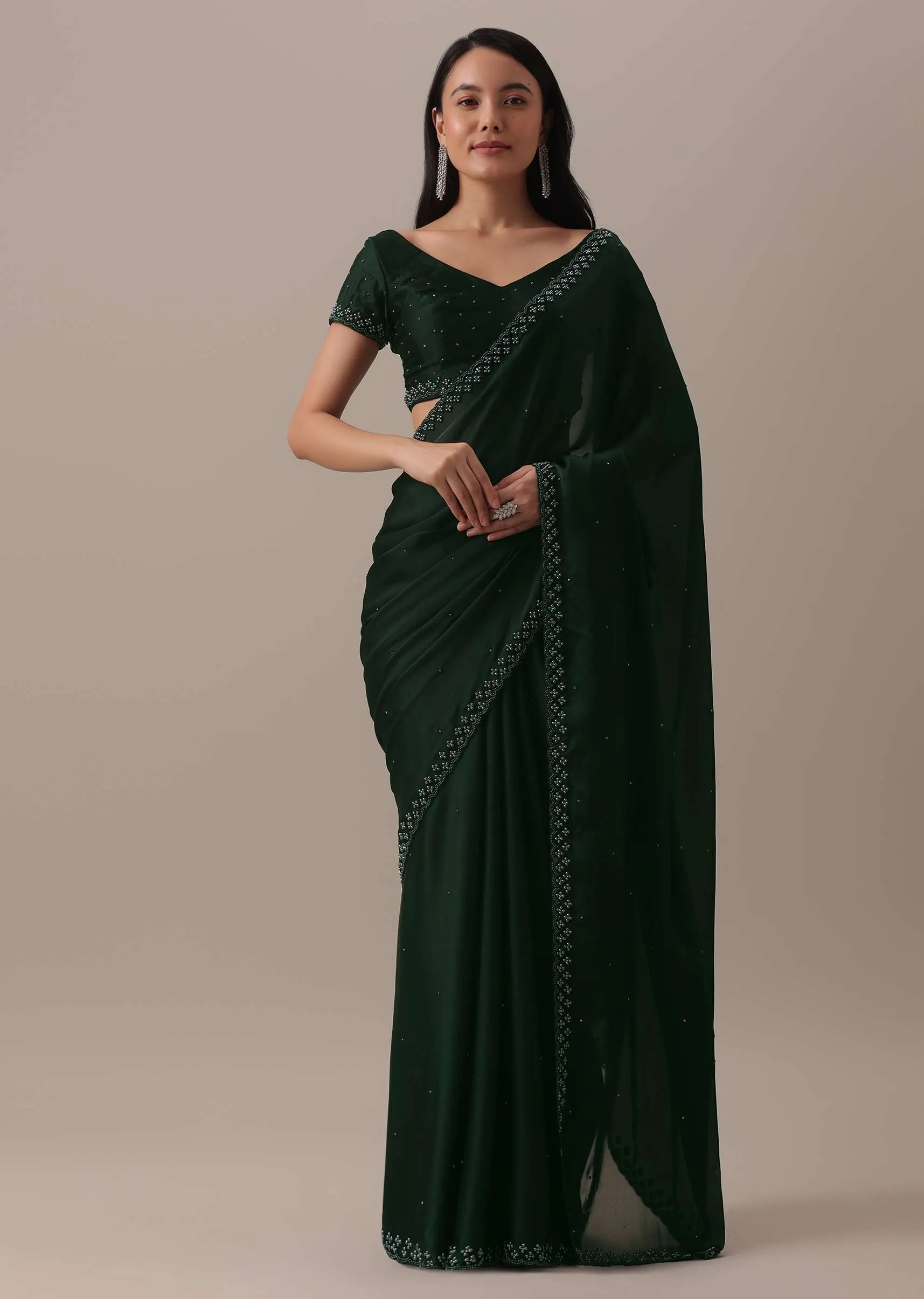 Green Bead Embellished Satin Saree