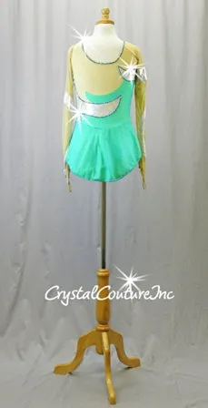 Green/Blue/Silver Long Sleeve Leotard Dress with Nude Mesh - Swarovski Rhinestones