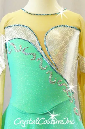Green/Blue/Silver Long Sleeve Leotard Dress with Nude Mesh - Swarovski Rhinestones