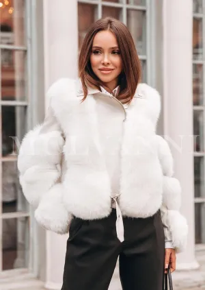 LEILA Beige Leather Jacket with Striped Fox Fur