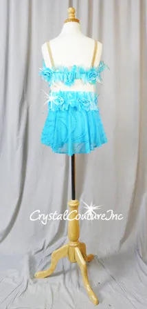 Lt Turquoise Blue 2 Piece Top and High -Waist Booty Shorts with Sheer Back Skirt