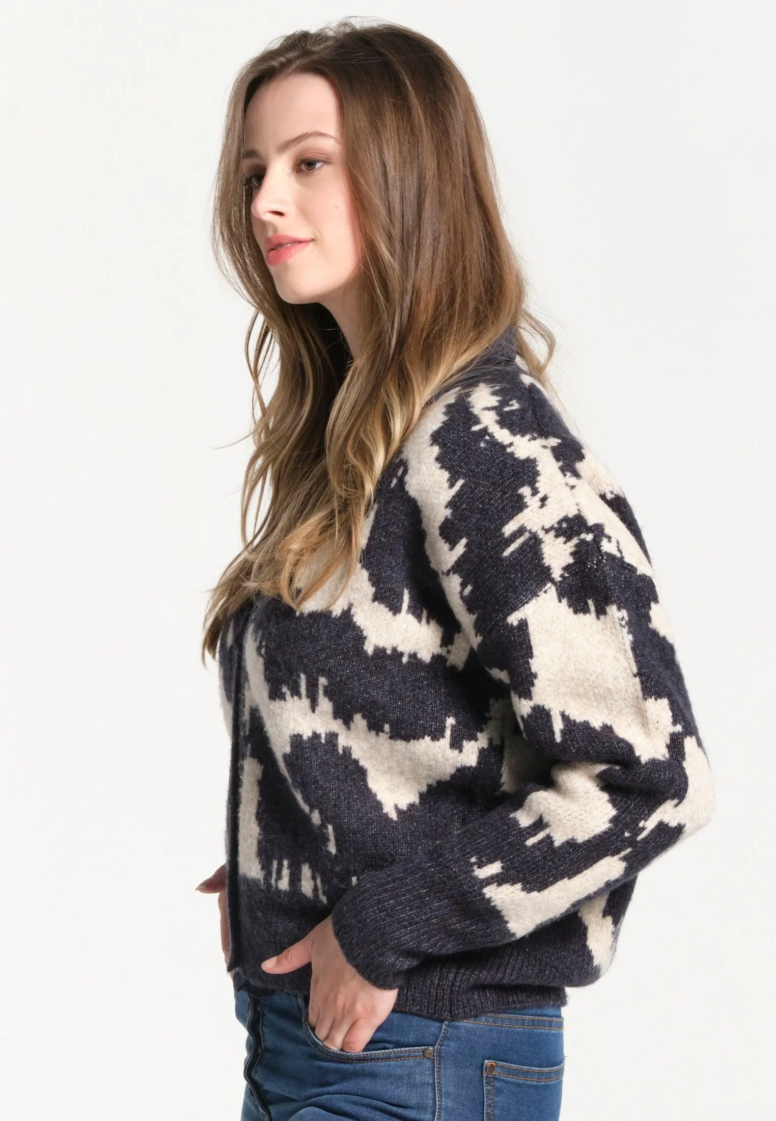 Pull femme ouvert bariollé bleu marine