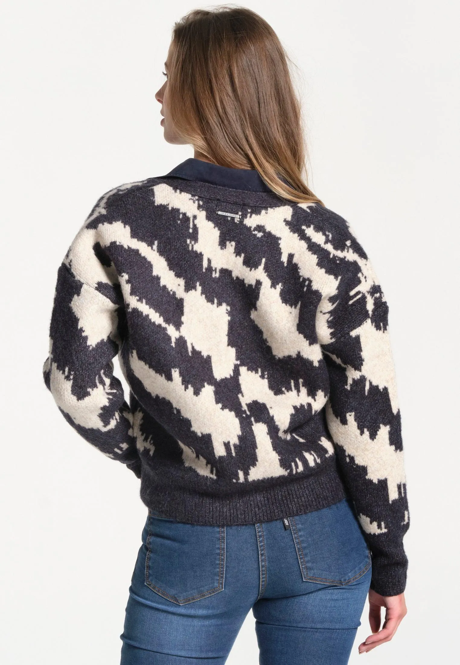 Pull femme ouvert bariollé bleu marine