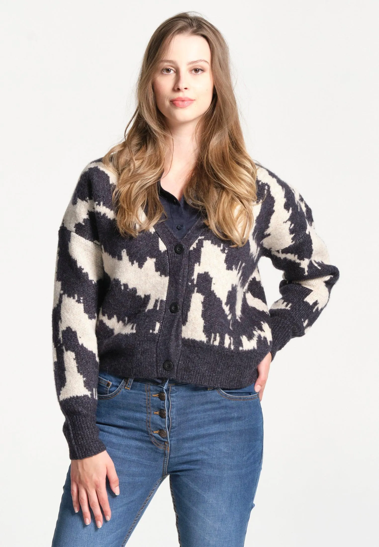 Pull femme ouvert bariollé bleu marine