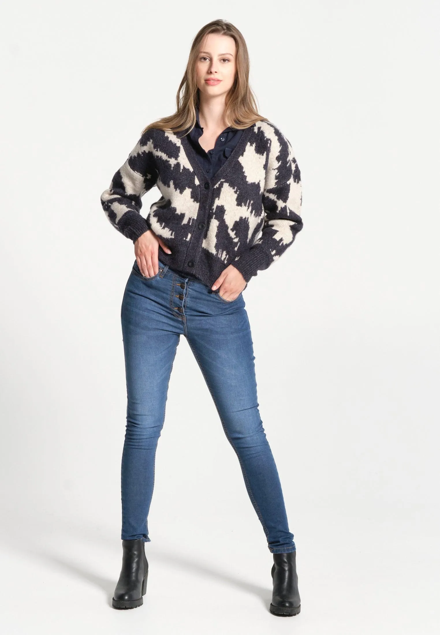 Pull femme ouvert bariollé bleu marine