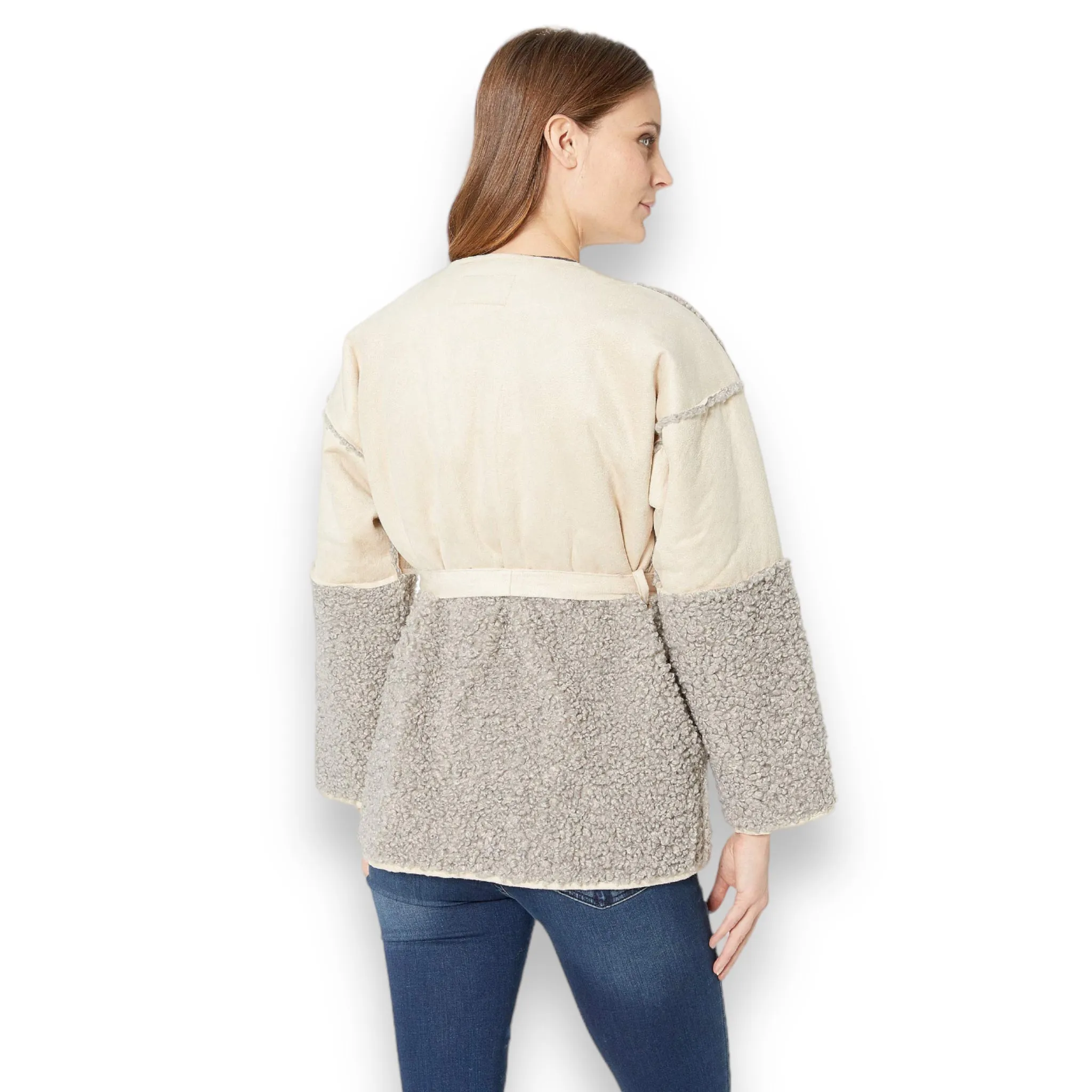 Tan Suede Grey Sherpa Coat