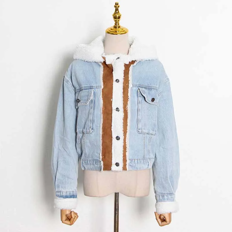 Women Denim Blue Lambswool Single Breasted Short Jacket